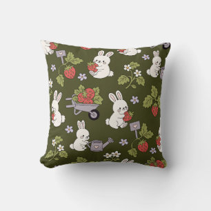 Coussin Joli Lapin aux Fraises Motif de Jardin Cottagecore