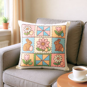 Coussin Joli lapin de Pâques pastel en patchwork de fleurs