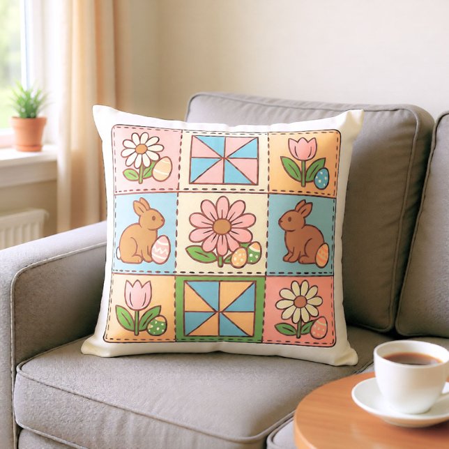 Coussin Joli lapin de Pâques pastel en patchwork de fleurs (Créateur téléchargé)