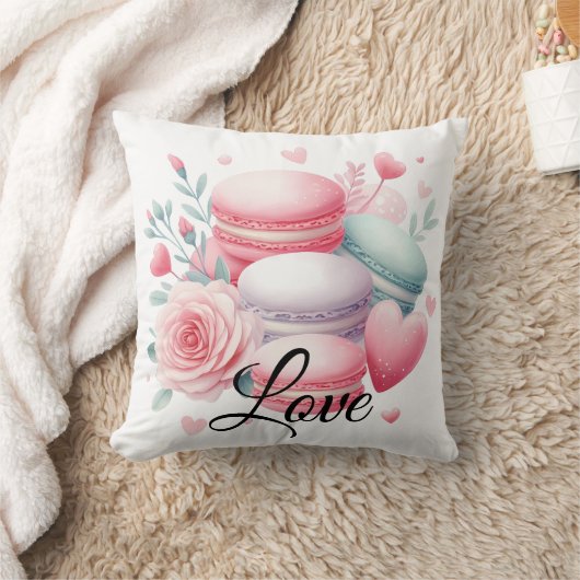 Coussin Joli Macaron Rose et Blanc & Amour Coeurs (Couverture)