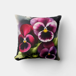 Coussin Joli marron noir rouge pansies aquarelle peinture