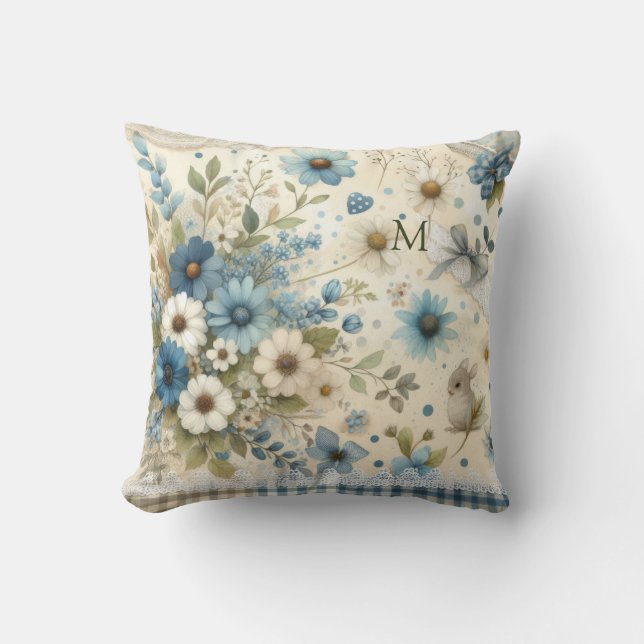 Coussin Joli Monogramme Bunny Bleu, Vert & Blanc Flores (Recto)