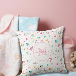 Coussin Joli monogramme de fleurs sauvages rose pastel ave