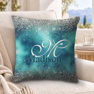 Coussin Joli monogramme faux paillettes turquoise argent