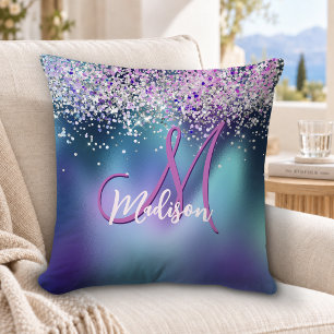 Coussin Joli monogramme faux paillettes turquoise violet