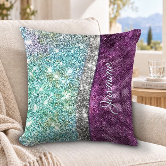 Coussin Joli monogramme iridescent violet sarcelle faux pa (Créateur téléchargé)