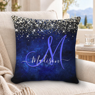 Coussin Joli monogramme pailleté faux or bleu royal