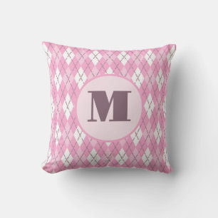 Coussin Joli monogramme personnalisé argyle rose prépa
