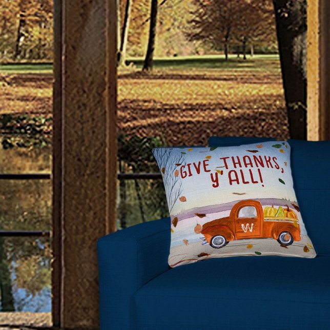 Coussin Joli Monogramme Thanksgiving Orange Truck Citrouil (Créateur téléchargé)
