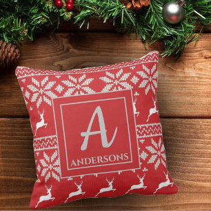 Coussin Joli motif de cerf en tricot rouge Monogramme