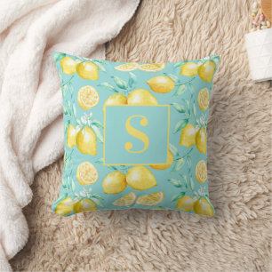 Coussin Joli motif de citron jaune sur monogramme bleu cla
