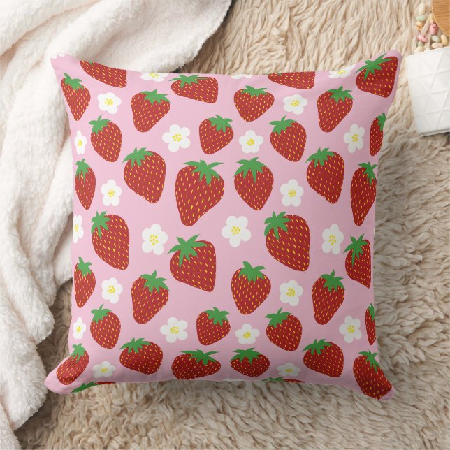 Coussin Joli motif de fraise sur fond rose (Couverture)