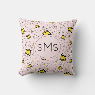 Coussin Joli motif de monogramme couronne gribouillée rose