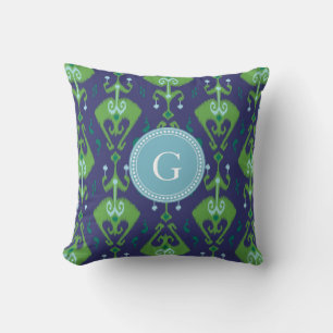 Coussin Joli motif tribal ikat vert bleu avec monogramme
