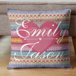 Coussin Joli motif tricoté cœur rose bleu pastel