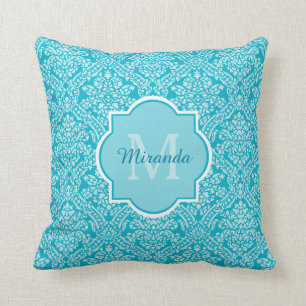 Coussin Joli Motif Turquoise Damask Monogramme Avec Nom