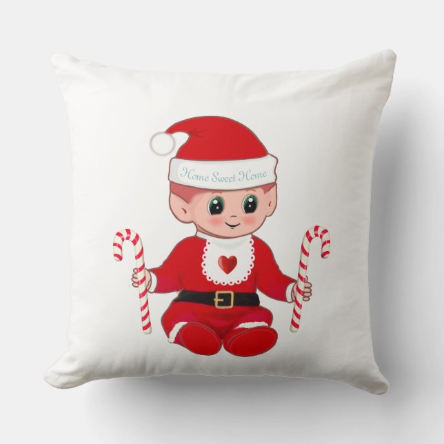 Coussin Joli Noël Père Noël Baby Elf & Sucres de canne (Recto)