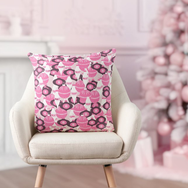Coussin Joli Noël Rose Et Noir Retro (pretty pink and black festive merry Christmas throw pillow)