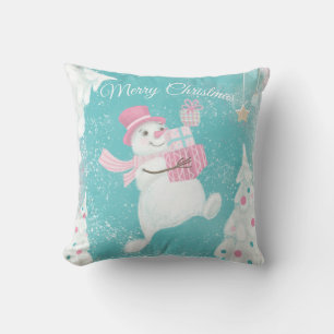 Coussin Joli Noël Snowman rose et menthe