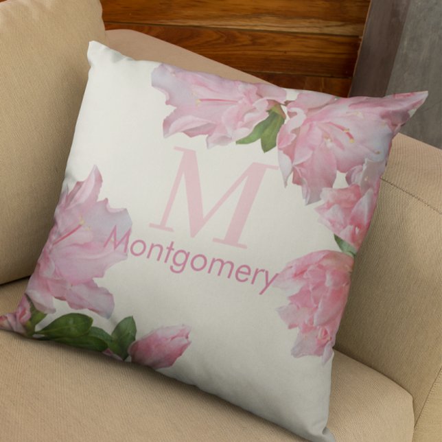 Coussin Joli nom de monogramme rose floral ivoire (Créateur téléchargé)
