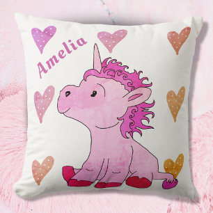 Coussin Joli nom féminin Licorne rose et Cœurs
