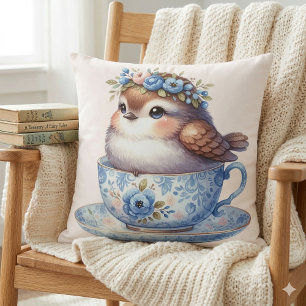Coussin Joli Oiseau dans une Tasse à Thé Florale Cottageco