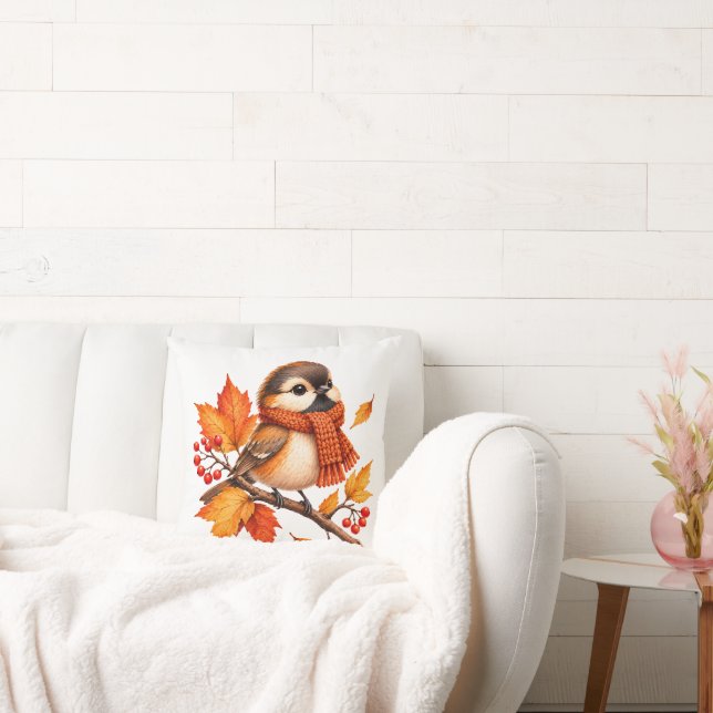 Coussin Joli oiseau d'automne avec écharpe confortable – F (Canapé)
