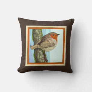 Coussin Joli oiseau peint (Finch) sur Brown/rouille