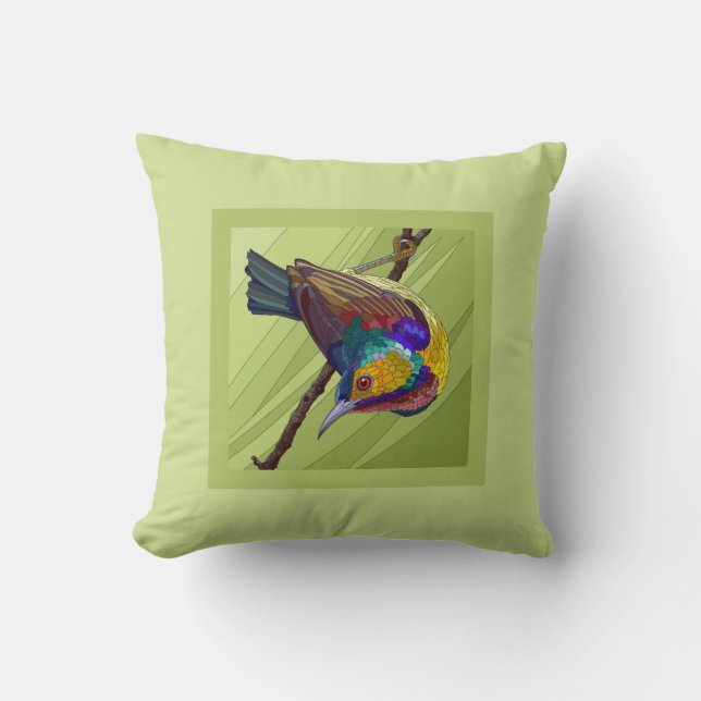 Coussin Joli Oiseau Peint sur Fond Vert (Recto)