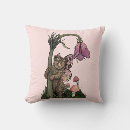 Coussin Joli Ours Brun Rose Fée dans une Forêt Enchantée (Recto)