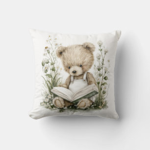 Coussin Joli ours en peluche aquarelle lisant un livre