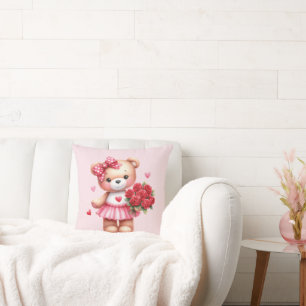 Coussin joli ours en peluche rose