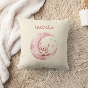 Coussin Joli ours en peluche sur lune rose