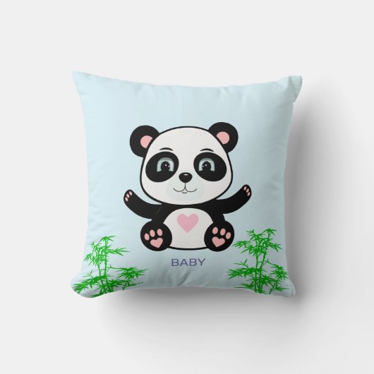 Coussin Joli Ours Panda & Bambou sur Fond Bleu Clair (Recto)