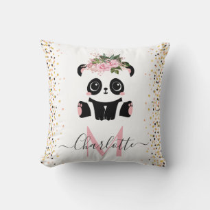 Coussin Joli panda fleuri monogramme personnalisé