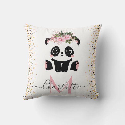 Coussin Joli panda fleuri monogramme personnalisé jeton pi (Verso)