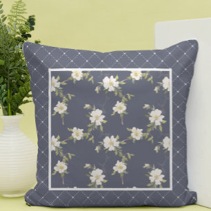 Coussin Joli panneau floral marine et blanc