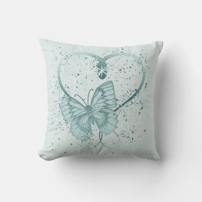 Coussin Joli Papillon, Coeur et Paint Splatz en Turquoise (Recto)
