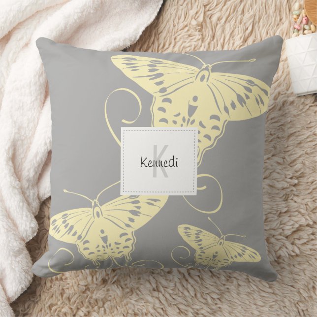 Coussin Joli Papillon jaune sur Motif gris (Couverture)