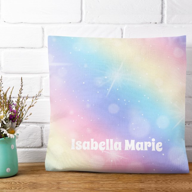 Coussin Joli Pastel Rainbow Sparkle Personnalisé Fille (Créateur téléchargé)
