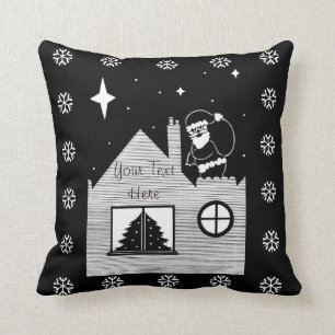 Coussin Joli père Noël avec sac sur le toit noir et blan