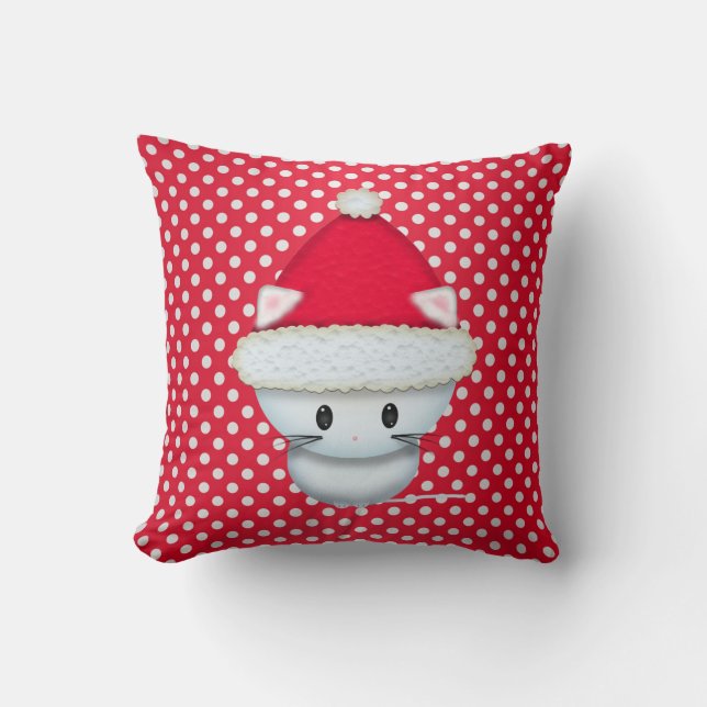Coussin Joli petit chaton blanc au chapeau de Père Noël à  (Recto)