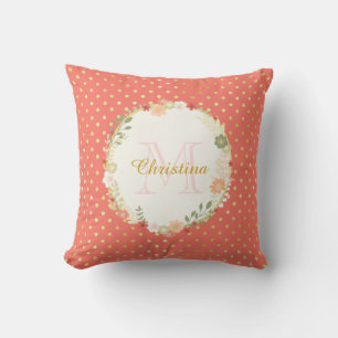 Coussin Joli Poeach Polka Dot Nom floral et Monogramme