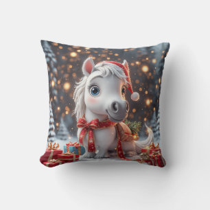 Coussin Joli poney de Noël avec chapeau de Père Noël