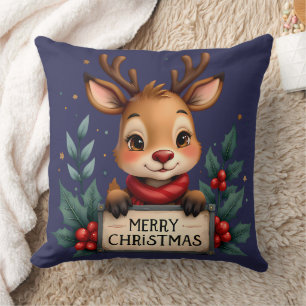 Coussin Joli renne de Noël avec Holly et signe