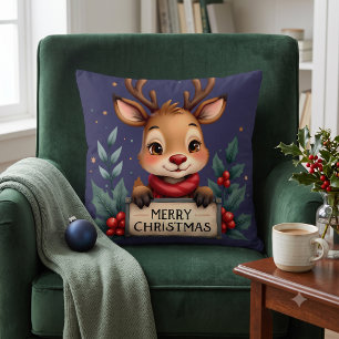 Coussin Joli renne de Noël avec houx et panneau