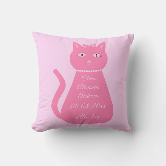 Coussin Joli rose bébé fille Faire-part de naissance chat (Recto)