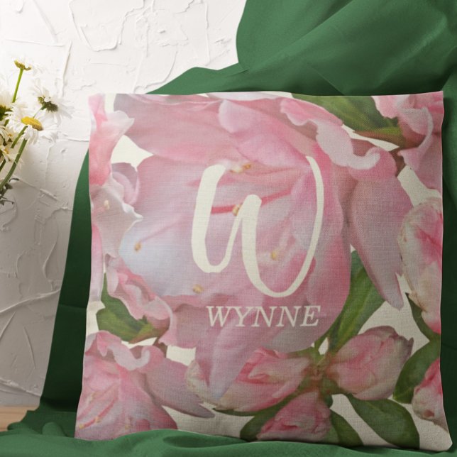 Coussin Joli rose floral photo ivoire Nom Monogramme (Créateur téléchargé)