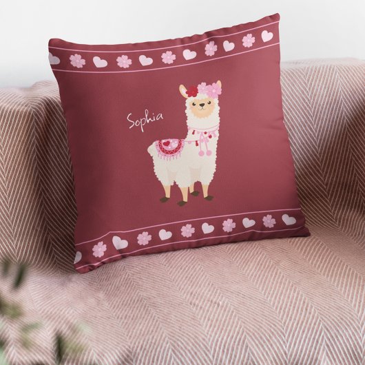 Coussin Joli rose Saint Valentin Llama Little Girl Name
