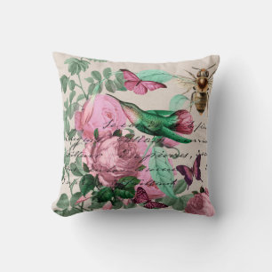 Coussin Joli roses Vintages avec des oiseaux colibris et d